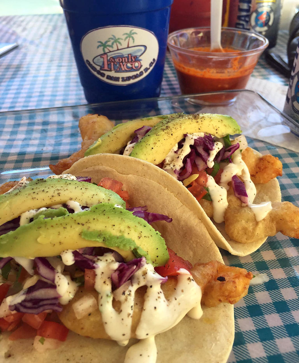 Shrimp tacos with fresh guacamole slices at 1 & Only Taco, Cabo San Lucas