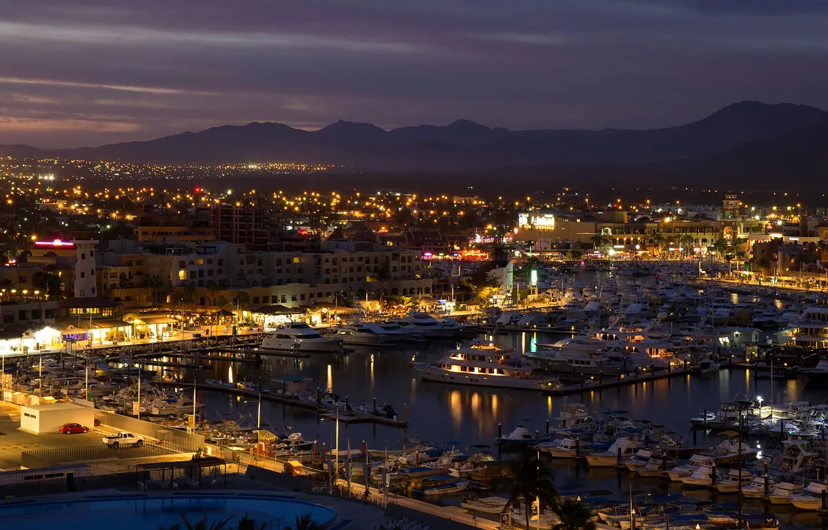 The twinkling lights of the Cabo San Lucas at night