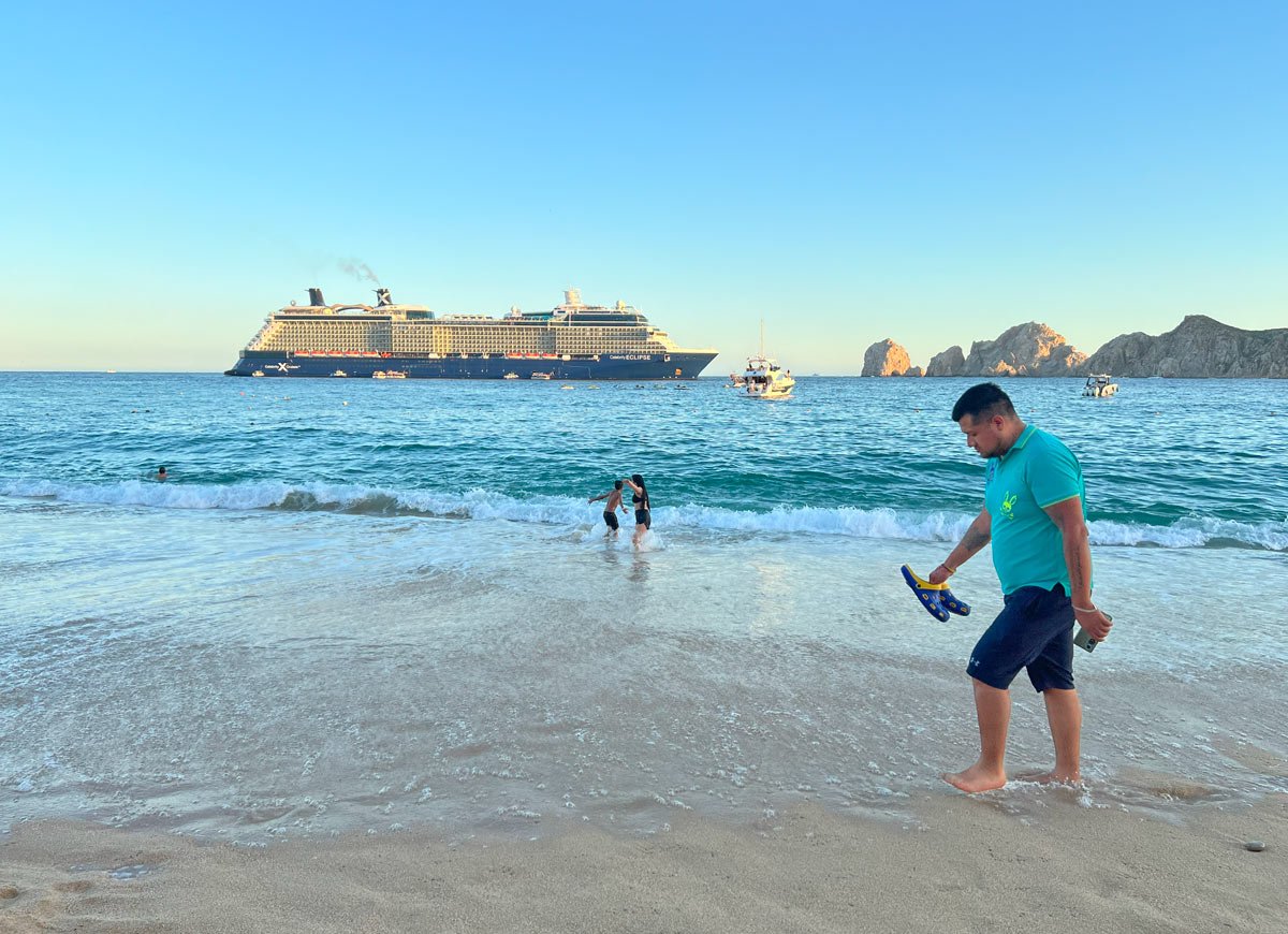 People swimming at Medano Beach in January
