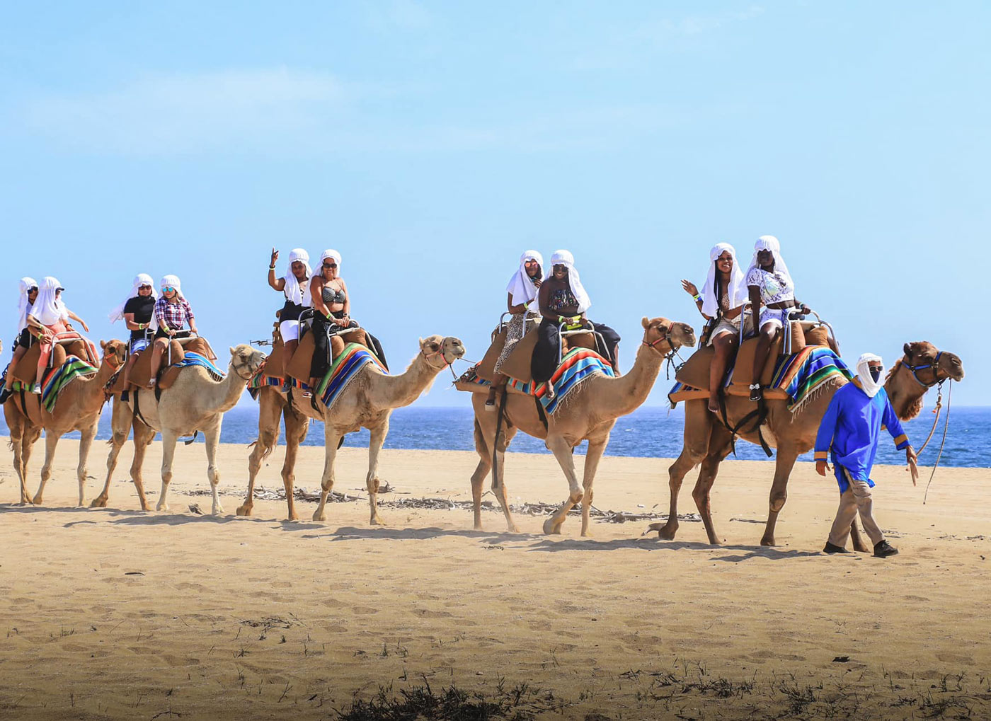 Visitors ride camels on the beach in Cabo San Lucas