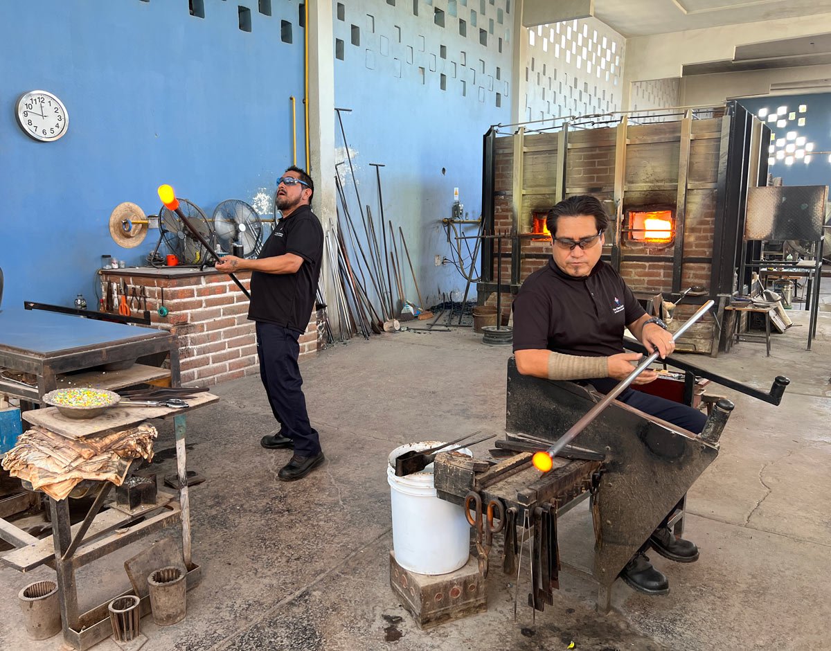 Artisans make blown glass art at The Glass Factory in Cabo San Lucas