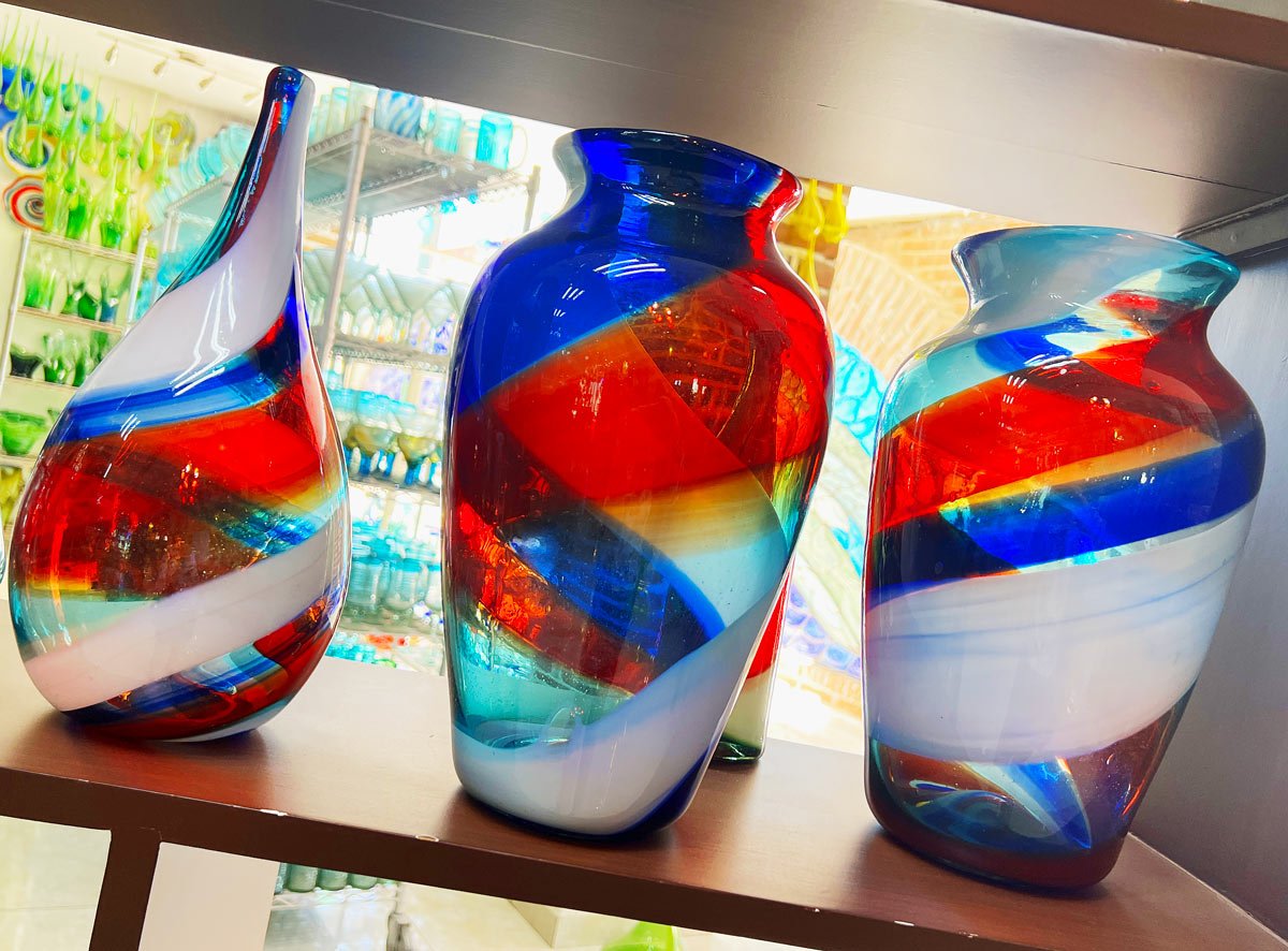 Red and blue glass vases at The Glass Factory in Cabo San Lucas