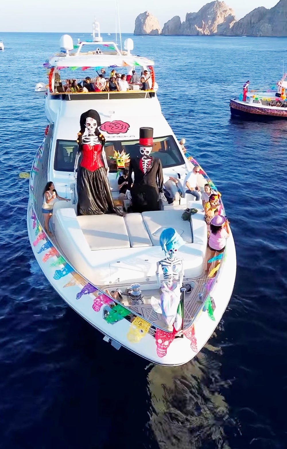 Colorfully decorated boat at the Altars at Sea festival for Day of the Dead in Cabo San Lucas