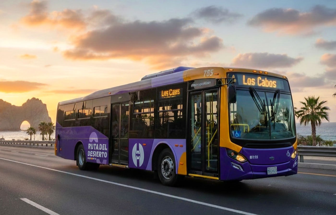 Purple and orange Ruta del Desierto bus in Los Cabos
