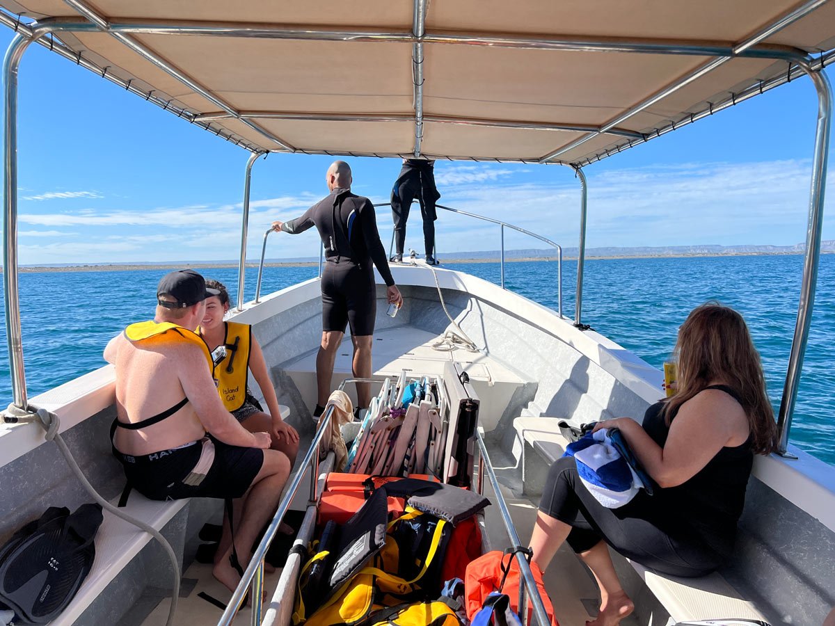 Small boat with people to snorkel with whale sharks in La Paz