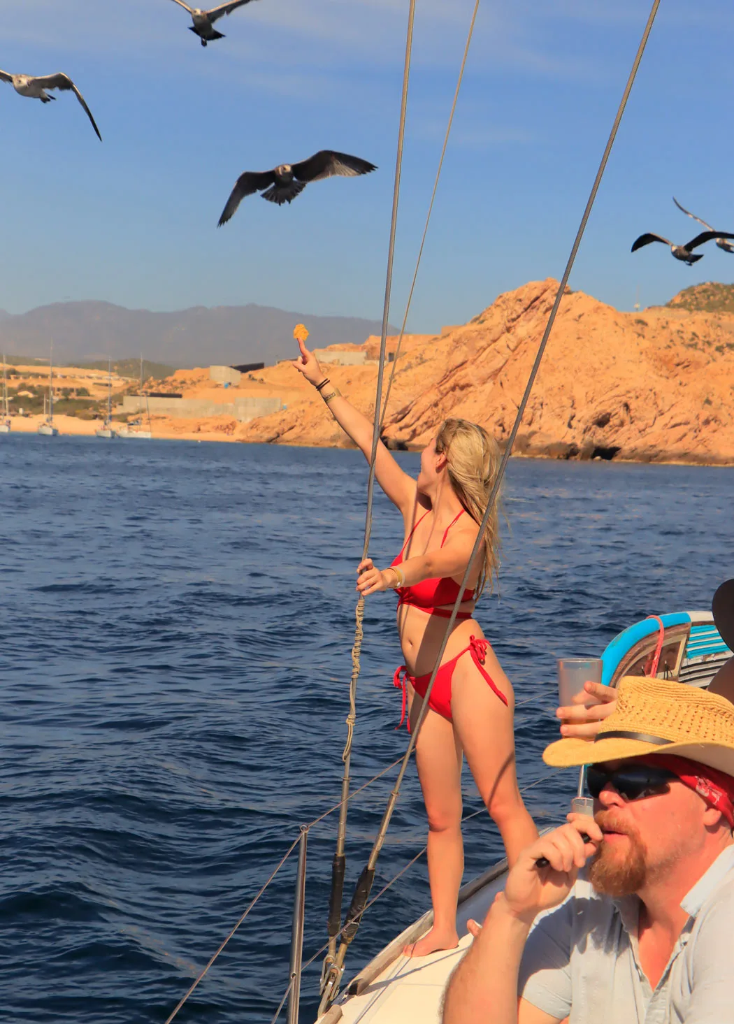 A woman in a red bikini feeds seagulls on a boat tour in Cabo San Lucas.