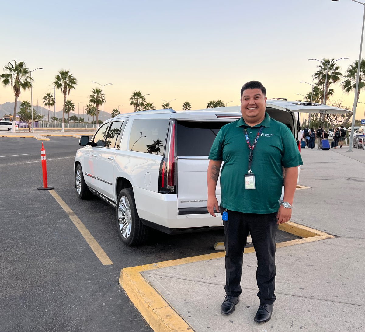 Our smiling Cabo Airport Shuttle driver at the airport, ready to whisk us away in comfort on one visit
