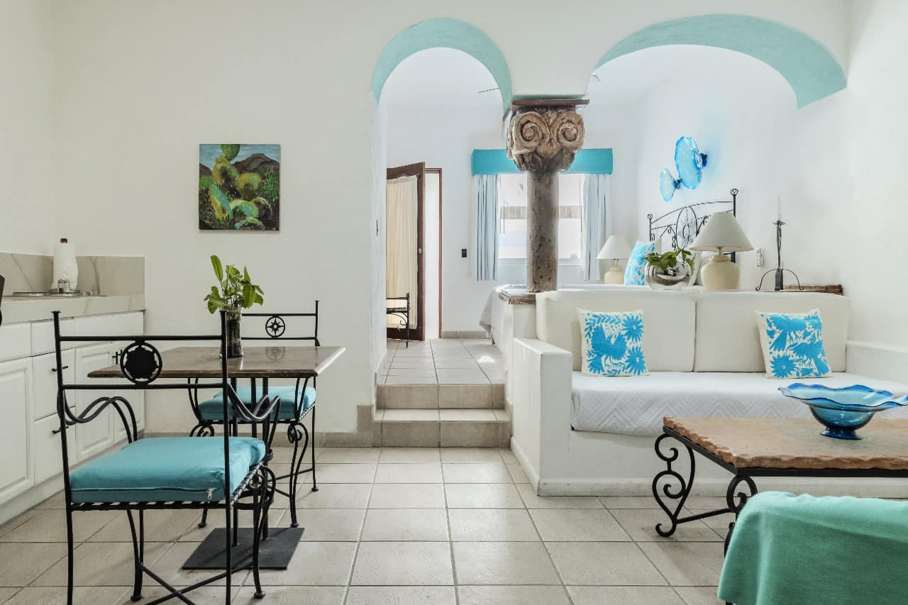 Blue and white Junior Suite at El Encanto Inn & Suites in San Jose del Cabo