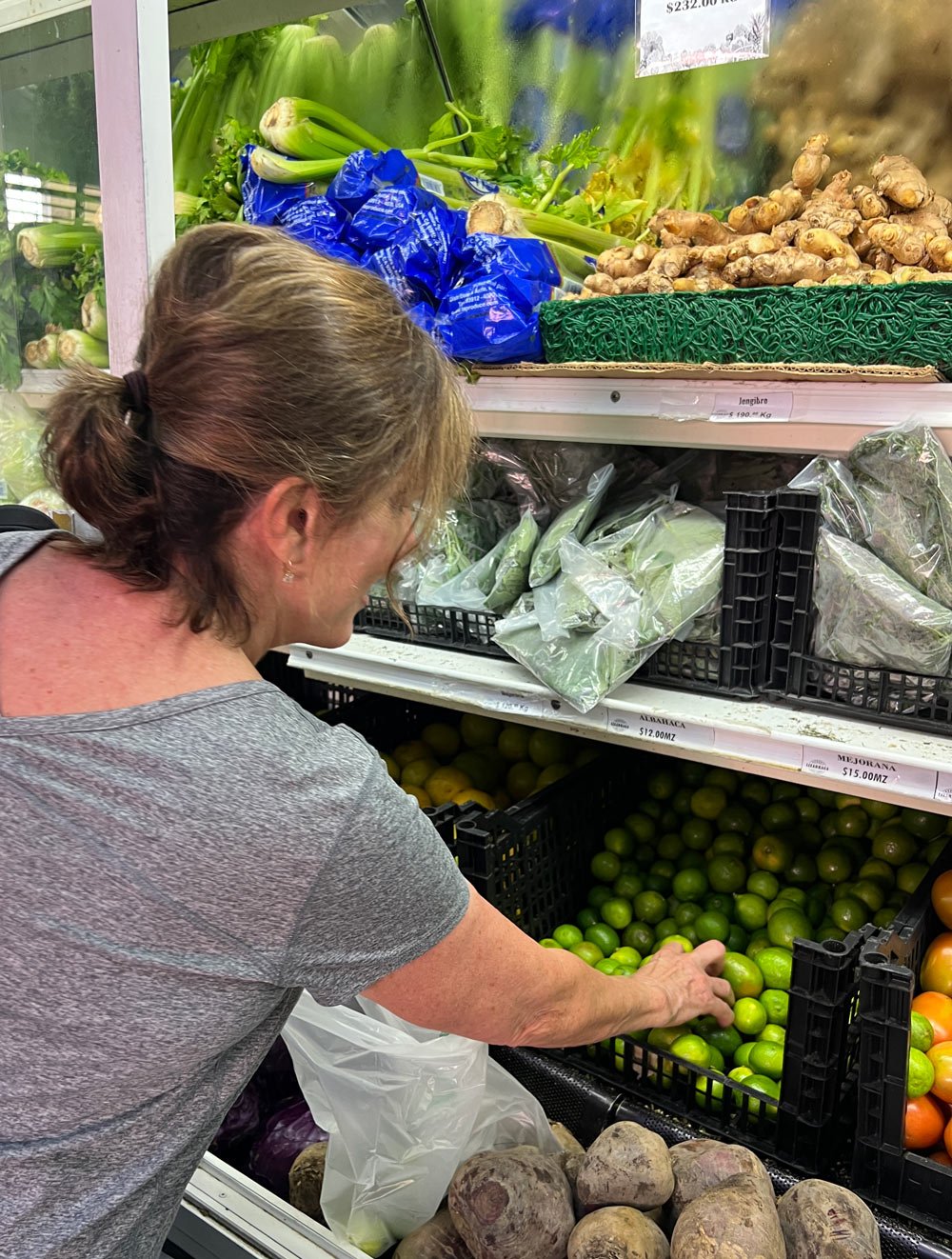 Janice shopping for limes during our Mexican cooking class in Cabo San Lucas