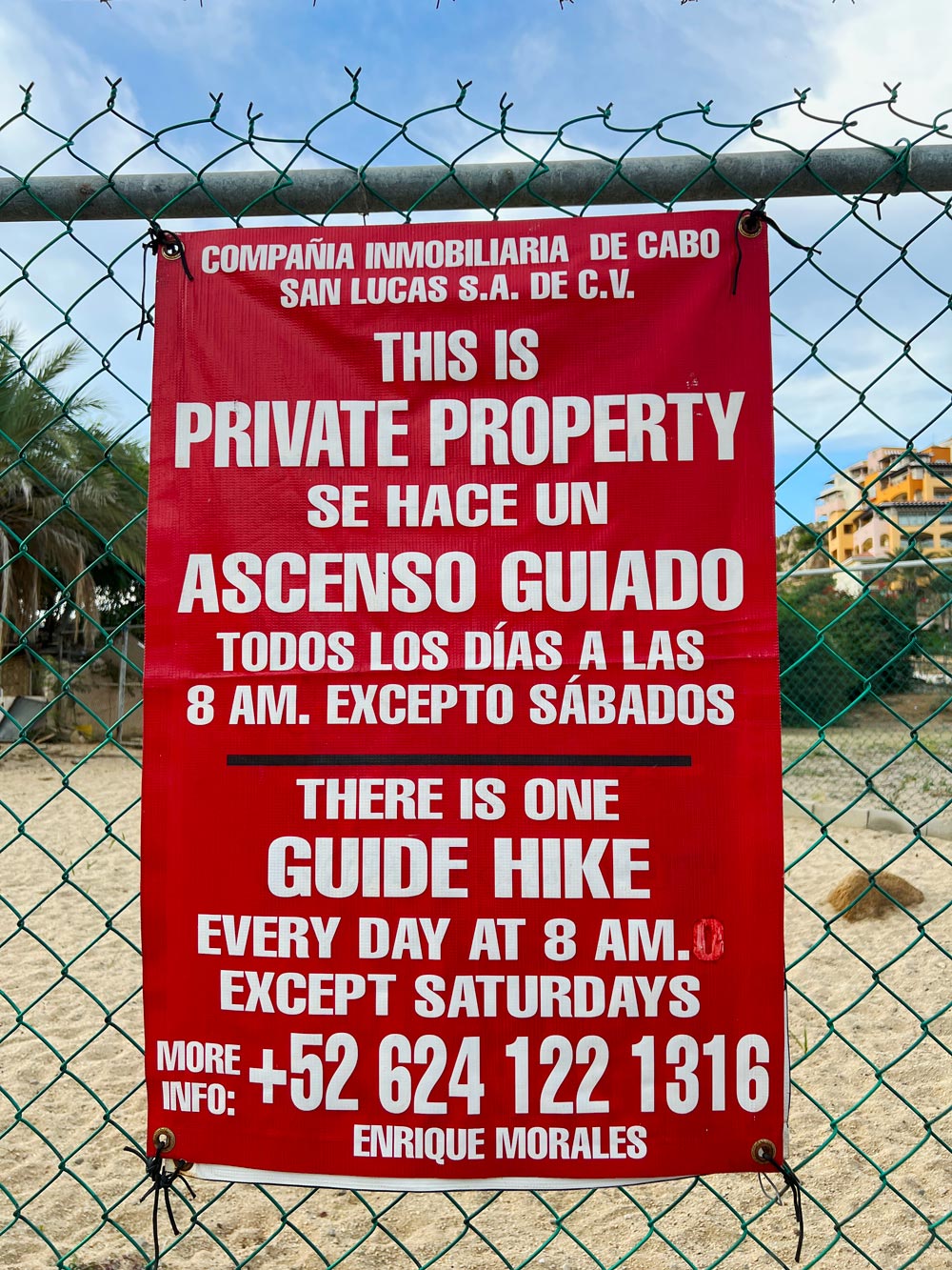 Red and white sign at Dog Training Camp in Cabo San Lucas, saying "Private Property"
