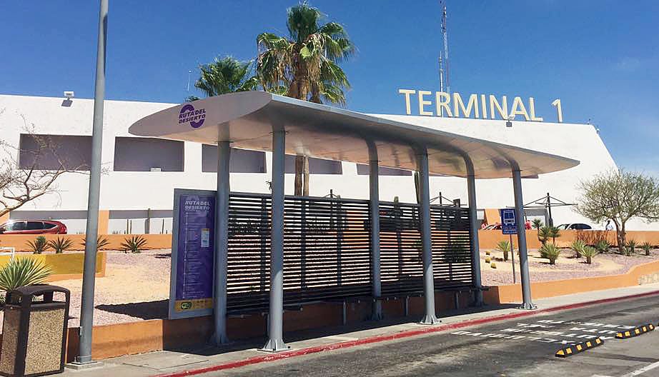 The Ruta del Desierto bus stop outside Terminal 1 at Los Cabos International Airport (SJD)